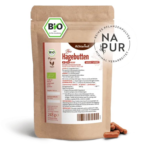 Hagebuttenkapseln Bio Nachfüllpack 400 Stück - Apfelessig-Kapseln mit hochwertigem Hagebuttenpulver in Bio-Qualität, ideal für eine vitale Ernährung und nachhaltige Nutzung durch Nachfüllpack.