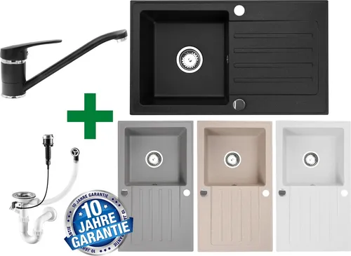 Faizee Granitspüle 76x44 cm Weiß mit Armatur Klein - Eckige Granitspüle für Unterschränke ab 45 cm, beidseitig montierbar und kratzfest. Inklusive Siphon-Set für sofortige Nutzung – ideal für moderne Küchen.