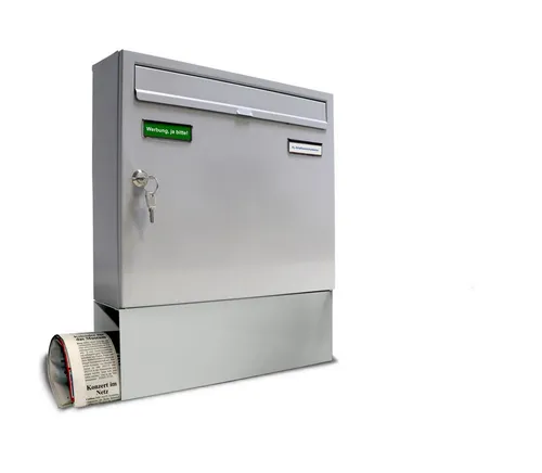 AL Briefkastensysteme Basic Briefkasten mit Zeitungsfach - Weiß RAL 9006 - Wandbriefkasten DIN A4 mit Zeitungsfach, wetterfest und rostgeschützt, inklusive 2 Namensschildern und Posthaltebügel, ideal für Einfamilienhäuser.