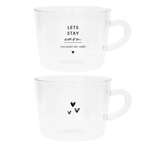 Teeglas-Set Hearts & LETS STAY 2tlg. – Stilvolle Teegläser für den gedeckten Tisch - Kaffee- & Teegläser, 2-teiliges Set mit klaren, schwarz bedruckten Gläsern, ideal für stilvolle Anlässe. Perfekt für Teeliebhaber!