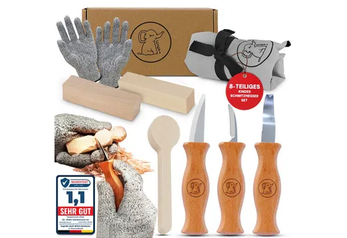 Eli Taschenmesser Schnitzmesser für Kinder - Komplettset mit Handschuhen - Taschenmesser für Kinder, 8-teiliges Schnitzset mit ergonomischen Buchenholzgriffen und schnittfesten Handschuhen für sichere Outdoor-Aktivitäten. Fördert Kreativität und Feinmotorik.