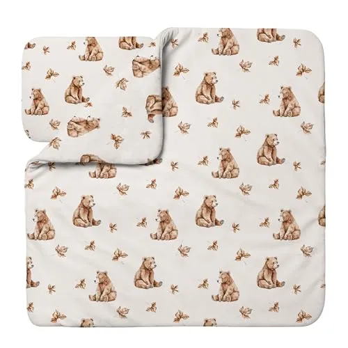 Waldin Baby Kinder Bettwäscheset 100% Bambus, ohne Bezug, Hypoallergen, Decke und Kissen, Bärchen/Beige, 75x75cm + 30x40cm