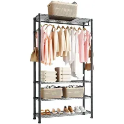 VEVOR Kleiderständer Garderobenständer (höhenverstellbar) aus Karbonstahl mit 1 Kleiderstange & 227 kg Tragkraft &  4 Regalen & 8 Haken, für Schlafzimmer Bekleidungsgeschäft Garderobe Flur