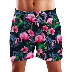 King Kameha Badeshorts Flamingo Flowers Funky Hawaii Bade-Shorts Mesh-Einsatz Kordelzug Mit integriertem Mesh-Innenslip für extra Komfort rosa|schwarz XL