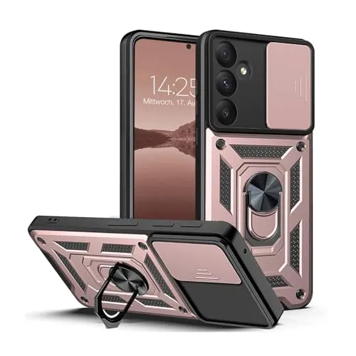 LBH Armor Hülle für Samsung Galaxy A55 5G Case mit Kameraschutz Outdoor Stoßfest Handyhülle 360 Grad Metal Ring Halter Ständer Schutzhülle für Handyhalterung Auto Magnet Rosegold