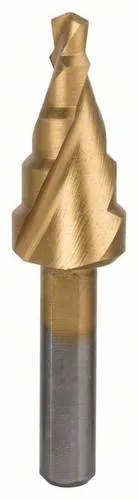Bosch Accessories 2608587429 HSS Stufenbohrer 4 - 12mm TiN - Stufenbohrer für präzises Bohren und Vergrößern von Löchern, geeignet für Nichteisenmetalle und Kunststoff. Mit TiN-Beschichtung für hohe Lebensdauer und 3-Flächen-Schaft für optimale Kraftübertragung.