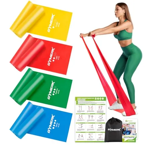 GYMERK Fitnessbänder Set 4er, 1.8M/2M Fitnessband, 4 Widerstandsstufen mit Übungsposter, Gymnastikband mit Tragetasche & Übungsanleitung, Ideal für Yoga, Pilates, Muskelaufbau