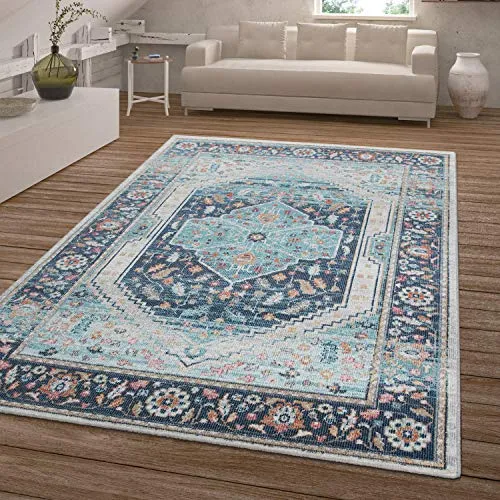 TT Home In-& Outdoor Teppich Küche Wohnzimmer Wetterfest Balkon Vintage Design Abstrakt, Farbe: Blau 2, Größe:80x150 cm