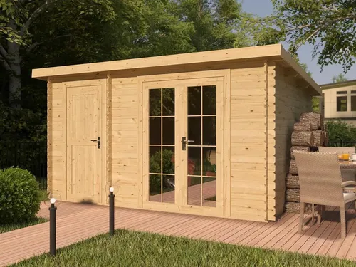 Gartenhaus BBH 28 mm natur – Hochwertiges Blockhaus mit Pultdach - Robustes Gartenhaus aus Fichte, ideal für die Aufbewahrung von Gartengeräten. Mit 9,08 m² Fläche und stabilen Blockbohlen bietet es viel Platz und schützt Ihre Utensilien zuverlässig.