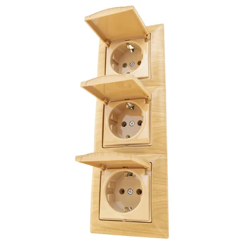 Unterputz STECKDOSE KOMBI  3er 3-fach Schutzkontakt mid Deckel Achorn Holz