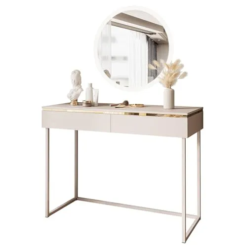 Lookway Schminktisch AURORA KASCHMIR mit Spiegel - Schminktisch in modernem Design mit rundem Spiegel und 2 Schubladen für optimalen Stauraum, ideal für Ihr Schlafzimmer oder Ankleidezimmer.