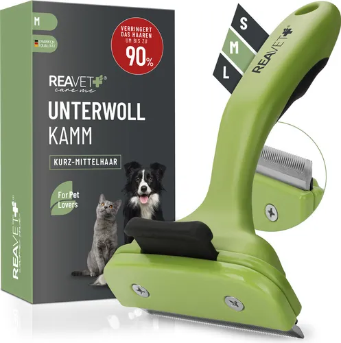 REAVET Unterwollkamm M mit Selbstreinigungsknopf für Hunde & Katzen