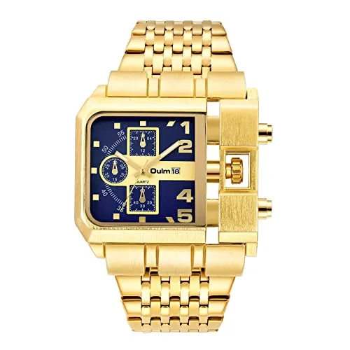 JewelryWe Herrenuhr Analog Quarz Datum Kalender Armbanduhr Männer Gold Edelstahl Armband Militär Business Casual Uhr mit Blau Quadrat Zifferblatt