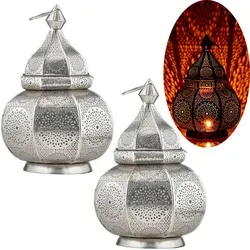 Marrakesch Teelichthalter 2er Set - Orientalische Laterne Lamisa Silber - Tischleuchten mit handgefertigten, silbernen Laternen für stimmungsvolles Licht in Ihrem Zuhause. Ideal für Indoor-Einsätze und inklusive Elektrik.