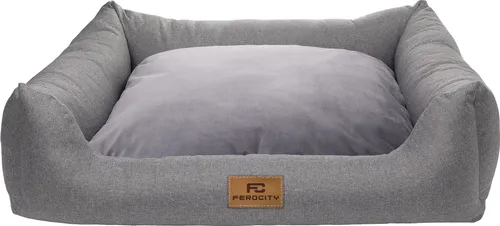 Hundebett, Waschbares Hundesofa mit Rand, 100x80 cm, Cordura und Samt, Grau, Flachs, Wendekissen [123]