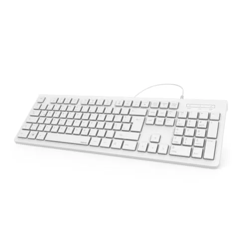 HAMA 182680 Basic-Tastatur KC-200 Weiß - Robuste Tastatur mit klassischer Tastenanordnung, spritzwassergeschützt und ideal für PC-Anwendungen. Die Neigungsverstellung sorgt für komfortables Tippen.