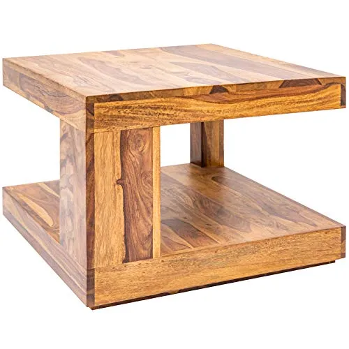 invicta INTERIOR Massiver Edelholz Couchtisch GIANT 60cm - Sheesham Stone Finish - Beistelltisch fürs Wohnzimmer, rustikaler Couchtisch aus massivem Sheesham-Holz mit zwei großzügigen Ablageflächen für TV-Zubehör und mediterranem Flair.