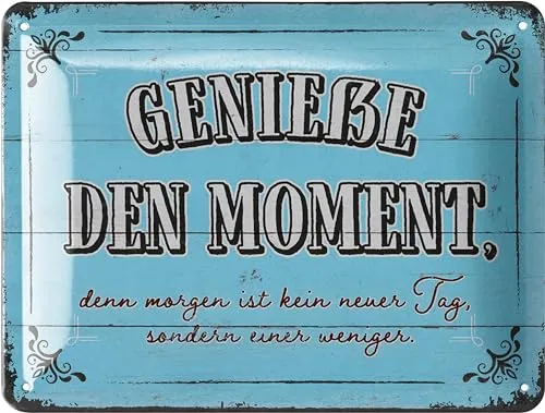 Produktbild LANOLU Retro Blechschild GENIEßE DEN MOMENT, vintage Metallschilder mit Sprüchen, Shabby Chic Deko Küche und Garten, lustige Schilder aus Metall 15x20cm