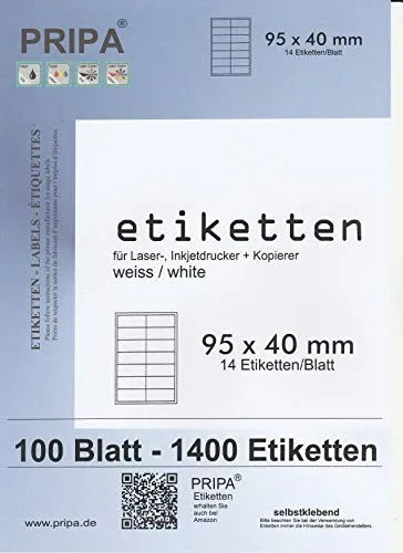 pripa - Etiketten 95 x 40 mm - 14 Stueck auf A4-100 Blatt DIN A4 selbstklebende Etiketten