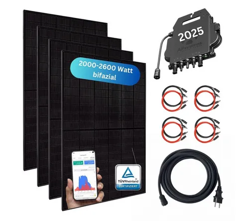 MyBasic XXL Balkonkraftwerk 2000+ Watt mit Wechselrichter (APsystems 2025) - Solaranlage mit über 2600 Watt Spitzenleistung und Echtzeitertrag auf dem Smartphone. Ideal für nachhaltige Energiegewinnung auf dem Balkon!