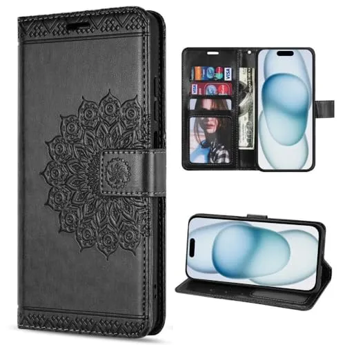 Hülle Kompatibel mit Apple iPhone 15 | Klapphülle Schutzhülle mit Kartenfächer Kompatibel für iPhone 15 | Magnetverschluss Flip Case | Schwarz