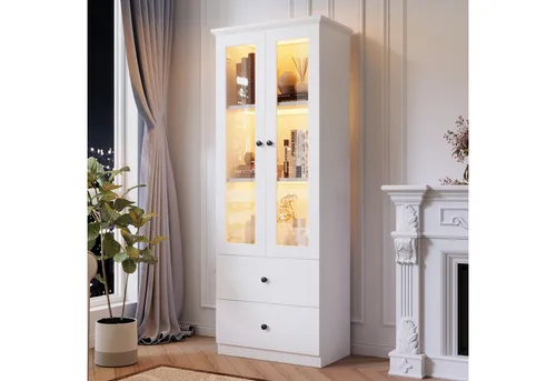Okwish Vitrine Weiß, 60x165x35.5 cm – Elegante Wohnlösung mit LED-Beleuchtung