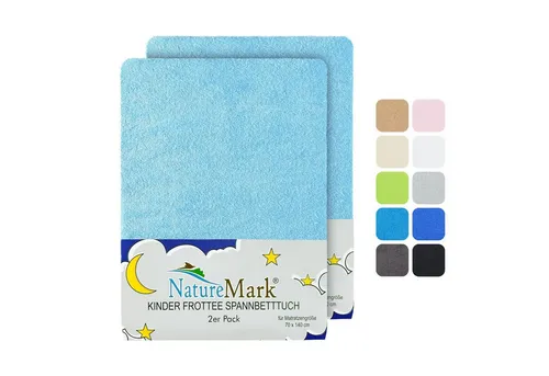 NatureMark Spannbettlaken Frottee Spannbettlaken, 80% Baumwolle / 20% Polyester, Gummizug: rundum, (2 Stück), 2er Set Kinder Spannbettlaken Frottee, Spannbetttuch 80% Baumwolle / 20% Polyester, für Babybett und Kinderbett, 70x140 cm - Hellblau