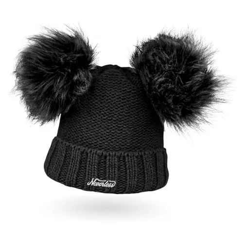 Neverless® gefütterte Damen Strickmütze mit Doppel-Fell-Bommel und Fleece Futter, Winter-Mütze, Bommelmütze Schwarz
