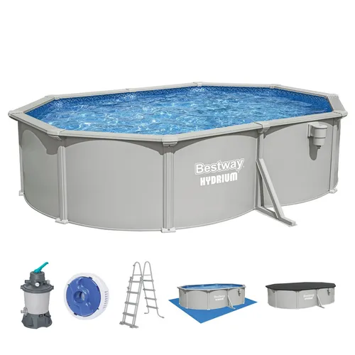 Bestway® Hydrium™ Stahlwandpool Komplett-Set 500 x 366 x 122 cm – oval, granitgrau - Genieße unbeschwerte Sommertage im eigenen Garten mit diesem ovalen Stahlwandpool. Robuste Konstruktion und einfache Montage bieten dir langlebigen Badespaß für die ganze Familie.