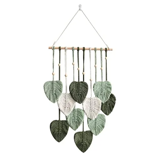EXQUILEG Makramee Wandbehang Handgemacht Wohnungs Dekorationen Boho Makramee Wandteppich Gewebte Wandbehang Blatt Feder Wanddeko (Armeegrün), 90 x 40 cm
