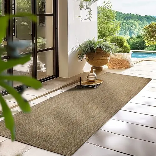 HomebyHome Outdoor-Teppich Flachgewebe Wetterfest Einfarbig Braun Küchenteppich, Balkon Terrassen Garten Wohnzimmer Teppich 60 x 100 cm