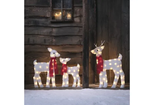 Lights4fun LED Dekofigur 3er Set verschneite 2D LED-Rentierfamilie, LED fest integriert, Rentiervater Höhe 80cm Rentiermutter Höhe 67cm Rentierkind Höhe 46cm