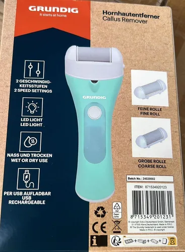 Grundig Elektrischer Hornhautentferner Premium - Hornhautentferner für feuchte und trockene Füße, mit Arbeitslicht und 3 wechselbaren Rollen für individuelle Pflege. Wiederaufladbar und ideal für die tägliche Fußpflege.
