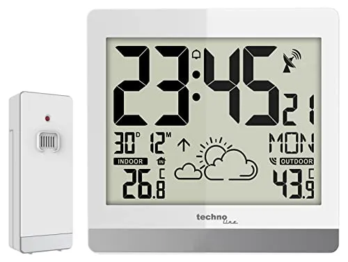 Technoline WS 8119 Funkwanduhr mit Außensender TX205, weiß - Moderne Funkwanduhr mit Temperatur- und Luftfeuchtigkeitsanzeige, ideal für jeden Raum. Geräuschlos, mit mehreren Zeitzonen und LED-Display für optimale Lesbarkeit.