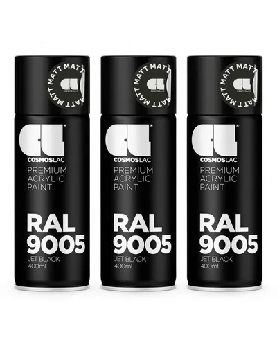 COSMOS LAC Acryllack Sprühflasche - 3-teiliges Vorteilsset für DIY - Entdecken Sie das 3-tlg. Vorteilsset für kreative Projekte! Die matte RAL 9005 Jet Black Farbe eignet sich ideal für Upcycling und individuelle Designs.