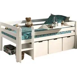 Kojenbett Karolina 208x105x83 - Massivholz Kinderbett in Weiß - Modisches Kojenbett aus Massivholz für Kinder, mit halbhoher Liegefläche und umlaufendem Absturzschutz. Ideal für Dachschrägen und inklusive Regal mit 3 praktischen Schubkästen.