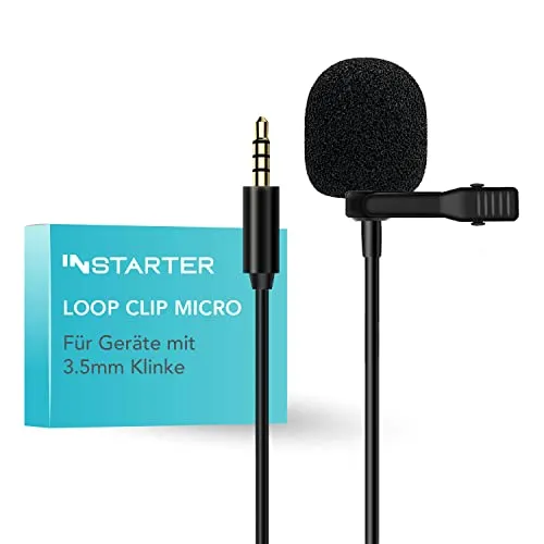 Instarter Lavalier Loop Clip Ansteckmikrofon - 360 Grad Klangaufnahme - mit 3,5 mm Klinkenanschluss, 6 m Kabel, Windschutz, Tasche, Klemme - klarer Sound - für Kamera, Smartphone, Tablet, PC