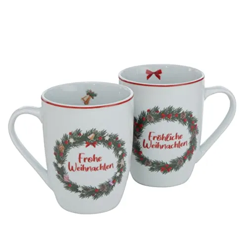 Porzellan Tassen zu Weihnachten Henkelbecher mit Weihnachtskranz Motiv und Spruch Frohe-, Fröhliche Weihnachten H10cm D8cm 2