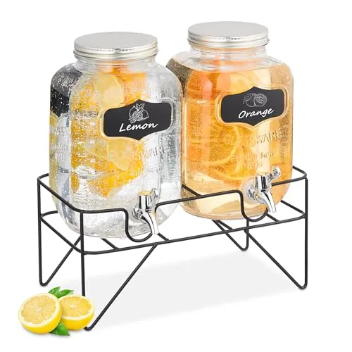 Getränkespender 4L - Saftspender Set mit Ständer - Krüge & Kannen: Dekorativer 4L Getränkespender mit Frucht-Infuser, ideal für Partys und Events. Spülmaschinenfest und praktisch im Gebrauch.