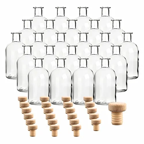 gouveo 24er Set Apothekerflasche 250 ml aus Klarglas mit Holzgriffkorken - Runde Glasflaschen zum Befüllen für Likör, Öl, Essig, Sirup - Spülmaschinengeeignet - Wiederverwendbar (AFRT250HGK)