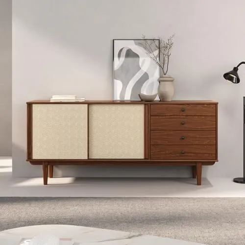 IDIMEX Sideboard SIMONA, Anrichte mit Rattan-Geflecht und Schiebetüren - Sideboards - Modernes Mid-Century-Design aus massivem Kiefernholz und stilvollem Rattan-Geflecht für praktischen Stauraum und einen natürlichen Look.