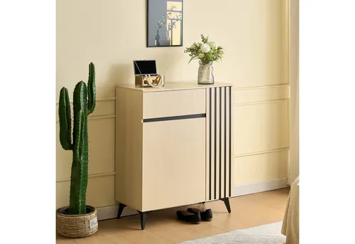 Merax Sideboard mit 2 Türen und 1 Schublade (75 L x 35 B x 90 H, 1 St., Holzoptik mit schwarzen Akzenten), Schuhschrank mit verstellbare Regalböden und Metallfüße