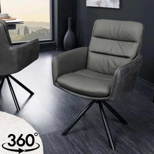 Bequemer Drehstuhl CHARLES III grau mit Armlehnen - Eleganter Drehstuhl für Esszimmer und Büro, gepolstert mit hochwertigem Echtleder-Mikrofaser. Ideal für langen Sitzkomfort und modernes Design, perfekt für jeden Innenraum.