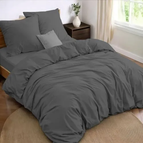 Dreamzie Bettwäsche 240x260, 4-teilig, Bettbezug 240x260cm, Spannbettlaken 160x200cm, mit 2 Kissenbezügen: 65 x 65 cm, Grau, für Doppelbett, Bettwäsche aus Mikrofaser, Oeko-Tex