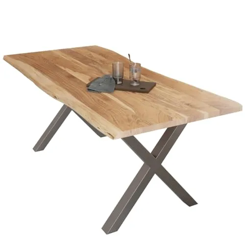 Liadomo Esstisch 180x90 Diala Natur, Baumkantentisch, natürliche Baumkante, Akazie Massivholz Tisch, 35 mm Tischplatte lackiert, Robust & Pflegeleicht, Unikat, X-Gestell Metall Silber