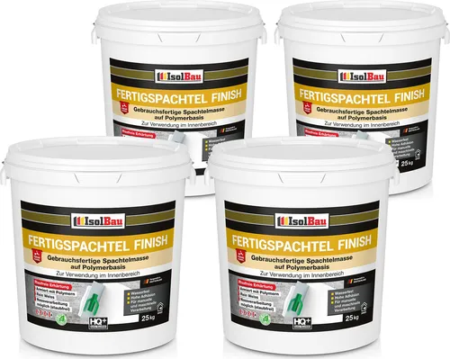 Isolbau Fertigspachtel Finish 100 kg, Glättspachtel Fugenspachtel, Gebrauchsfertige Polymer-Gips Fertig-Spachtelmasse für innen, Weiß Q1-Q13
