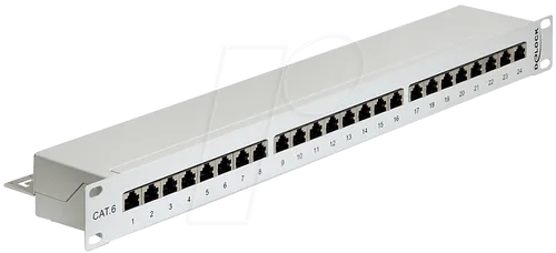 Delock Patch Panel CAT 6 - RJ-45 X 24 - Hellgrau - Zubehör für Server: Hochwertiges Patch Panel mit 24 RJ-45 Anschlüssen für eine zuverlässige Netzwerkverbindung in 1U Höhe.