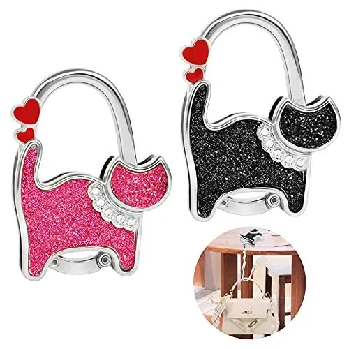 LiangDian Taschenhalter für Tisch 2 Stück Katze Handtaschenhalter Haken Faltbare Taschenhaken Metall Handtaschenhalter für Tisch Handtaschen Halterung Tisch Handtasche Haken für Damen (Rosa, Schwarz)