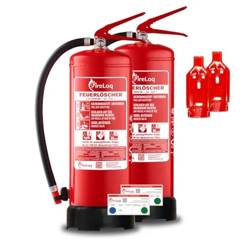FireLoq® 2X 6kg Pulver Löscher 34A | 233B | C Prüfnachweis, Wandhalter und Manometer