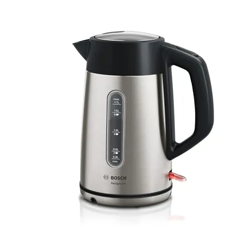 Bosch kabelloser Wasserkocher DesignLine TWK4P440 - 1,7 L, 2400 W, Edelstahl schwarz, spritzfreies Ausgießen und Tassenanzeige für energieeffizientes Kochen